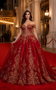Red Theater Off Shoulder Gold Embroidered Quinceanera Princess Red Carpet Sweep Train Gown