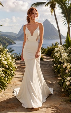 Robe de mariée sirène en satin à décolleté plongeant en V et dos nu avec traîne, pour une destination de mariage