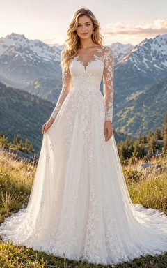 Vestido de novia formal modesto de manga larga con escote cuadrado y corte en A.