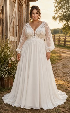 Country Plus Size V-neck Chiffon A-line Wedding Dress with Lace