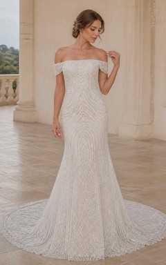 Sexy vestido de novia de sirena con escote Bardot, encaje y pedrería, cola catedral