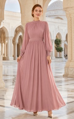 Blush High Neck Long Sleeve Pleated Modest Maxi Dress