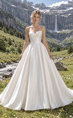 Schlichtes, ärmelloses Ballkleid mit Herzausschnitt und Schleppe aus Duchess-Satin