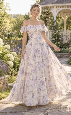 Vestido largo de dama de honor con volantes, escote Bardot y corte en A, estampado floral lavanda campestre