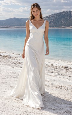 Simple Sheath V Neck Sleeveless Satin Bridal Dress with Open Back