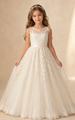 Blumenmädchenkleid, elfenbeinfarbenes Ballkleid aus Spitze und Tüll, mit Rundhalsausschnitt, bodenlang, mit Schärpendetails