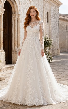 Klassisches langärmeliges Brautkleid aus Spitze in A-Linie mit Kapellenschleppe