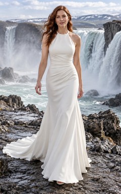 Simple Halter Neck Crepe Mermaid Wedding Dress with Ruched Waist and Covered Back