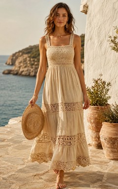 Bohemian Champagnerfarbenes Kleid aus Baumwollspitze im mediterranen Stil, A-Linie, Knöchelbereich, quadratische Träger