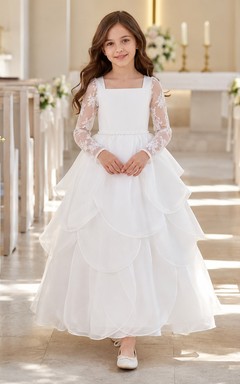 Weißes Kommunionskleid für Blumenmädchen mit Organza-Spitze, Schmuckkragen, langen Ärmeln, Blütenblattrock und Knöchellänge
