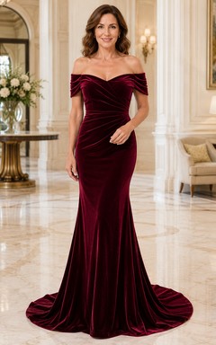 MOB-Kleid aus burgunderrotem Samt, Meerjungfrauenstil, kurze Ärmel, schulterfrei, Schleppe, gerafft