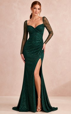 Dark Green Illusion Long Sleeve Sweetheart Slit Mermaid Dress