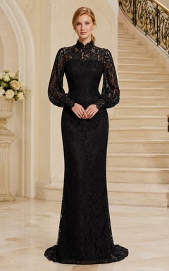 Robe de soirée formelle sobre noire à col montant et manches longues en dentelle, fourreau jusqu'au sol