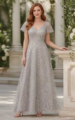 Robe de mère argentée modeste, coupe trapèze, col en V, manches papillon, dentelle, longueur au sol