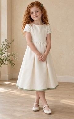 Simple Tea-length Cream Jewel Short-sleeve Gathered Sage-trimmed Zipper-back A-line Flower Girl Dress
