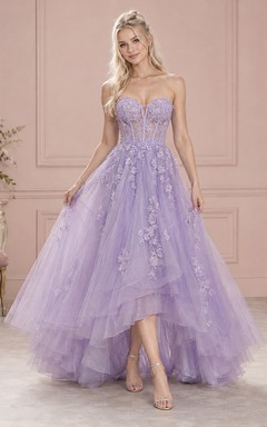 High-low Lavender Strapless Sweetheart Floral Tulle Corset Prom Dress