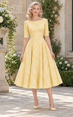 1940s Daffodil Bateau Elbow Sleeve Lace Tea-Length Bridesmaid Dress