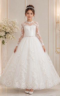 Vestido de baile de Primera Comunión blanco con encaje transparente y mangas largas