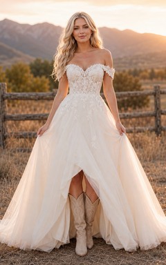 Romantic Tulle Lace A-Line Off Shoulder Short Sleeve Wedding Dress