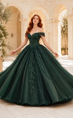 Vestido de quinceañera largo hasta el suelo, de tul, encaje floral, encaje y hombros descubiertos, color verde oscuro.