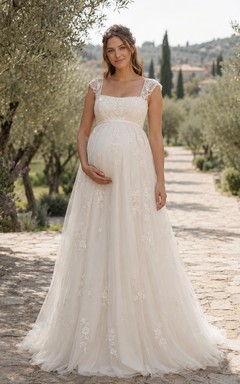 Maternity Wedding Dress Square Neck Lace Strap A-Line Garden Bridal Gown with Floor Skirt
