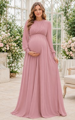 Schlichtes, hochgeschlossenes Umstandskleid aus Chiffon in Empire-Länge, staubrosafarbenem Ton mit Poetenärmeln