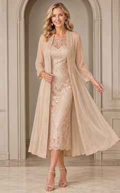 Champagne Long Sleeve Lace Sheath Chiffon Coat Mother Dress
