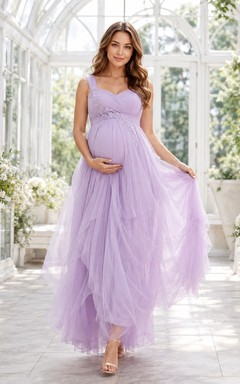 Lavender Straps Ruched Layered Tulle Empire Maternity Gown
