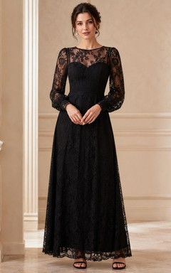 Black Romantic Sweetheart Lace-Chiffon Long-Sleeve A-Line Floor-Length Evening Dress
