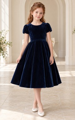 Simple Tea-length Dark Navy Ivory Velvet Satin Bow Puff Sleeve Round Neck Flared Flowergirl Dress