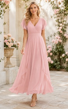 Pink Chiffon V-neck Petal Sleeve A-Line Floor-length Ruched Romantic Bridesmaid Garden Dress