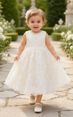 Sleeveless Baptism Dress A-Line Lace Tulle Jewel Neck Scalloped Hem