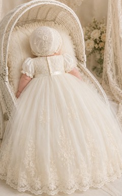 Christening Gown A-Line Tulle Lace Jewel Neck Short Sleeve Scalloped Hem