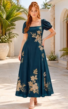 Robe midi en mousseline à manches bouffantes et col carré orné de fleurs de paon
