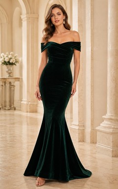 Elegante vestido de noche largo hasta el suelo, de terciopelo verde oscuro, estilo sirena, con escote Bardot y cola de barrido.