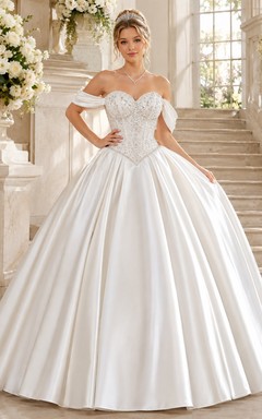 White Princess Off-Shoulder Beaded Satin Ball Gown Floor-Length Quinceanera Dress