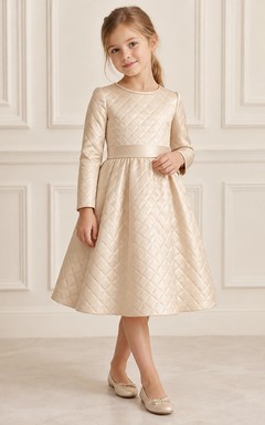 Modest Long Sleeve Champagne Tea-length Narrow Band Diamond Quilted Satin Flower Girl Dress