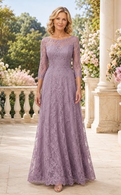 Lavendelfarbenes, langärmeliges A-Linien-Spitzenkleid für Mütter