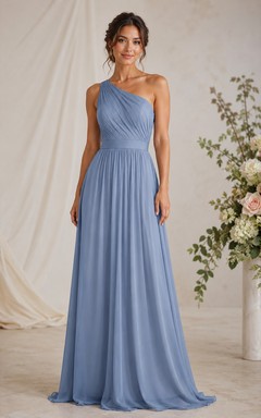 Steel Blue One-Shoulder A-Line Chiffon Bridesmaid Dress
