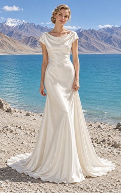 Simple Cowl Cap Sleeve Satin Sheath Sweep Train Wedding Dress