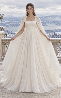 Simple Square Neck Winter Pleated Chiffon Cape A-line Wedding Dress