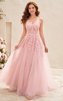 Petal Fantasy Blush A-Linien-Abendkleid mit V-Ausschnitt, ärmellos, romantisch, aus Tüll