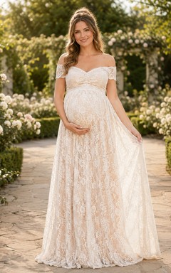 Ivory Lace V-Neck Short Sleeve Empire Maternity Gown