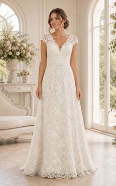 Vintage-Hochzeitskleid mit Spitze und Empire-Kappe in Elfenbeinweiß
