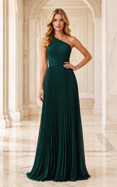 Vestido columna de gasa plisada de un solo hombro color verde oscuro
