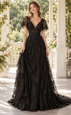 Vintage Black V-neck Flutter Sleeve Tiered Lace Wedding Dress