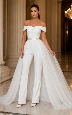 Combinaison de mariée à épaules dénudées avec surjupe en tulle plissé