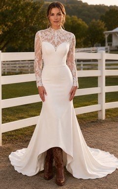 Robe de mariée de maternité, col carré, manches longues, dentelle, coupe trapèze, style champêtre