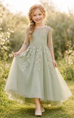 Salbeigrünes, schlichtes, knöchellanges A-Linien-Tüllkleid mit Ärmeln für Blumenmädchen bei Gartenhochzeiten