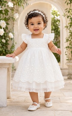 Hand Embroidered Baby Christening A-Line Square Neck Flutter Sleeve Dress Romantic Adorable Tulle